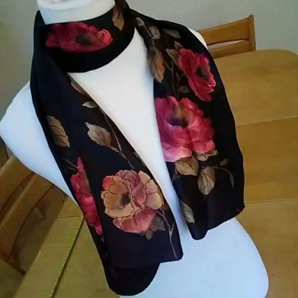 Black & Red Rose Floral Satin Scarf